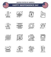 feliz dia da independência pacote de 16 linhas sinais e símbolos para prêmio americano eua espuma mão editável eua dia vetor elementos de design