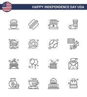 grupo de 16 linhas definidas para o dia da independência dos estados unidos da américa, como presente de máquina celebração festiva americana editável dia eua vetor elementos de design