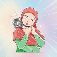 uma garotinha hijab sorridente provocando um adorável gatinho ilustração vetorial download profissional vetor