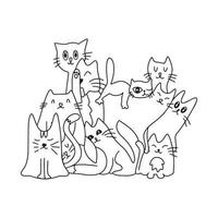 muitos gatos fofos. fundo de gatos. coloração. ilustração vetorial. gatos fofos e engraçados doodle conjunto de vetores. coleção de design de personagens de gato ou gatinho de desenho animado com cores planas em poses diferentes. vetor