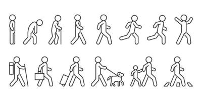 as pessoas andam e correm, ícone de linha em vista lateral de postura diferente. pessoa várias poses de ação definidas. ficar de pé, andar, correr, viajar, atravessar a rua, com cachorro e criança. ilustração de contorno vetorial vetor