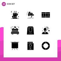 pacote de 9 sinais e símbolos de glifos sólidos modernos para mídia impressa na web, como elementos de design de vetores editáveis de amor de casamento de campo eletrônico