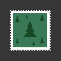 selo postal de natal e ano novo com árvores de natal em um fundo verde vetor