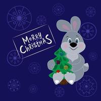 cartão de natal com um coelho e uma árvore de natal vetor