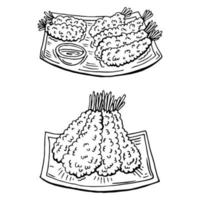 tempura de camarão frito japonês no prato e souse de soja. mão desenhada ilustração vetorial. adequado para site, adesivos, menu. vetor