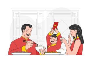 pequena família tem um precioso banquete de ano novo chinês vetor