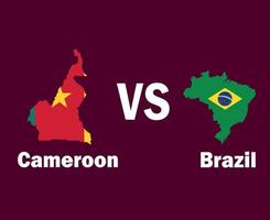 mapa de bandeira de camarões e brasil com design de símbolo de nomes américa latina e áfrica vetor final de futebol ilustração de times de futebol de países latino-americanos e africanos