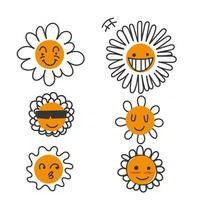 flores de doodle desenhadas à mão com ilustração engraçada de rostos sorridentes de desenho animado vetor