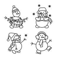 conjunto de boneco de neve engraçado bonito no estilo doodle. bonecos de neve em um chapéu, com uma guirlanda, flocos de neve e patins. ilustração vetorial vetor