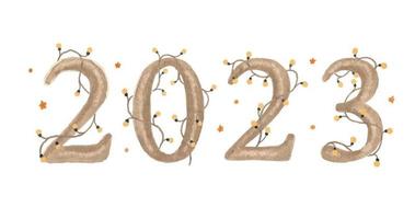 Número de aquarela 2023 com luzes. Projeto de texto do logotipo 2023. cartaz de tipografia de celebração de modelo de design, banner ou cartão de feliz ano novo. vetor