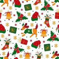 feliz natal e feliz ano novo padrão de vetor sem emenda. símbolos de férias - cão festivo, azevinho, presentes, jingle bells, flocos de neve, chapéu de Papai Noel. fundo de desenho animado plano para papel de parede, estampas, cartões