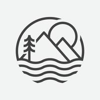 ícone do logotipo circular do lago, ilustração da vida do lago, design do ícone linear do lago, ícone da montanha, ícone da água vetor