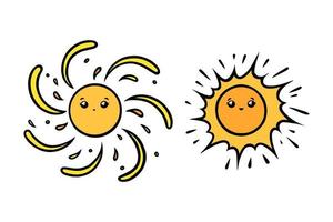 sóis fofos com olhos e sorrisos. rostos sorridentes de sol amarelo no estilo doodle. ilustração vetorial preto e branco vetor