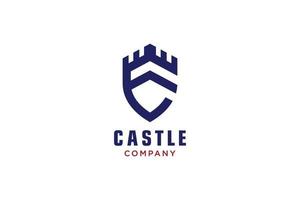 escudo criativo com castelo e logotipo inicial e, modelo de logotipo vetorial. vetor