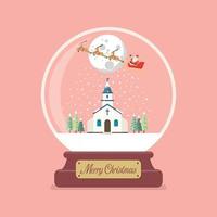 feliz natal bola de vidro com trenó de papai noel voando sobre a igreja vetor