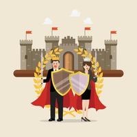 homem e mulher segurando espada escudo com coroa de ouro e castelo no fundo vetor