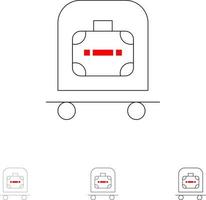 saco de carrinho de bagagem de hotel conjunto de ícones de linha preta fina e ousada vetor