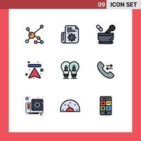 9 interface do usuário pacote de cores planas de linha cheia de sinais e símbolos modernos de ferramentas de bulbo setas sopa elementos de design de vetores editáveis