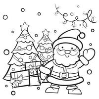 desenhos de linha de papai noel, desenhos bonitos no dia de natal. há um pinheiro decorado com uma caixa de presente. há neve e lâmpadas. clipart, cartazes, pinturas para crianças. vetor