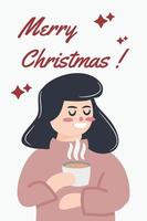 ilustração plana de mulher bebendo café feliz natal e feliz ano novo vetor