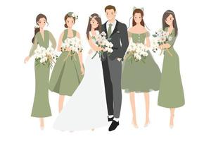 lindos noivos casal de noivos com dama de honra em vestido de tema verde cartoon estilo plano vetor