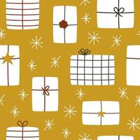caixas de presente vetoriais desenhadas à mão em estilo hygge para o ano novo e feriados de natal em um fundo dourado. padrão perfeito para tecido, raspador ou papel de embrulho vetor