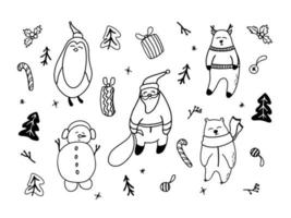 Conjunto de ilustrações vetoriais de doodle de Natal. contorno preto e branco elementos de design desenhados à mão papai noel, renas, boneco de neve, pinguim, urso polar. vetor
