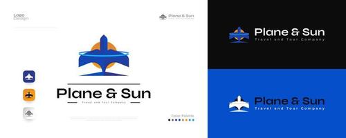 design de logotipo de avião e sol azul. logotipo ou ícone abstrato de pássaro ou avião, adequado para aviação, turismo ou logotipo de negócios de viagens vetor