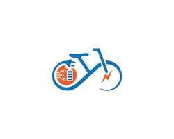 design de logotipo de energia de bateria totalmente carregada de bicicleta elétrica com vetor de símbolo de carregador de acumulador de bicicleta de transporte elétrico.