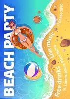 panfleto de desenho animado de festa na praia com mulher no oceano vetor