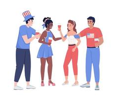 amigos comemorando personagens vetoriais de cor semiplana do dia da independência. figuras editáveis. pessoas de corpo inteiro em branco. ilustração simples de estilo cartoon para web design gráfico e animação vetor