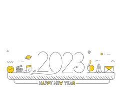 Texto de feliz ano novo de 2023 com padrão de design de ícones da música, ilustração vetorial. vetor