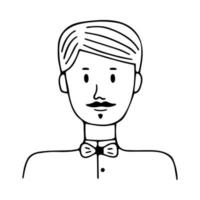 Doodle jovem com um retrato de bigode. ícone desenhado à mão na moda. ilustração em vetor preto e branco. esboço de rabisco desenhado à mão. perfeito para mídias sociais, avatares, site, pôster