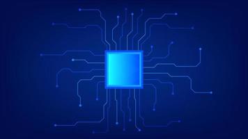 placa de circuito com chip em fundo de iluminação azul. tecnologia e conceito de elemento de design gráfico de alta tecnologia