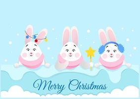 três coelhos fofos espreitam da neve e desejam um feliz natal vetor