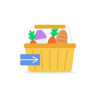 carrinhos de compras com alimentos. cesta de comida, ilustração vetorial de ícone de design plano vetor