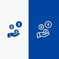 indústria de tecnologia linha de indústria de dólar de mão e ícone sólido de glifo banner azul linha e ícone sólido de glifo banner azul vetor