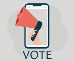 megafone convida as pessoas a votar online usando o celular. eu voto agora e coloco a cédula na urna por meio de um smartphone. política, democracia, votação eletrônica e antecedentes eleitorais online. vetor
