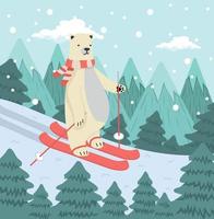 fofo urso polar esquiando com árvore vetor