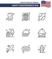 grupo de 9 linhas definidas para o dia da independência dos estados unidos da américa, como muffin cake beisebol pena americana editável dia dos eua elementos de design vetorial vetor