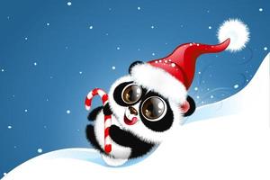 desenho animado fofo pequeno panda no chapéu de Papai Noel com pirulito nas patas descendo a colina vetor