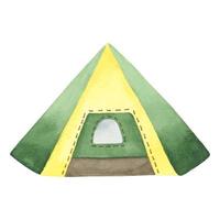 barraca retrô pintada em aquarela, barraca turística para camping verde e amarelo, acessórios para recreação, hacking e camping vetor