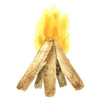 ilustração em aquarela de um fogo ardente com lenha. chama de fogo, fogueira, descanso de fogueira vetor