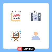 conjunto de pictogramas de 4 ícones simples e planos de diagrama, estatísticas de cadeira, alto-falante, avatar, elementos de design de vetores editáveis