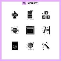 pacote de 9 sinais e símbolos de glifos sólidos modernos para mídia impressa na web, como elementos de design de vetores editáveis de escola de comércio móvel com desconto de seta