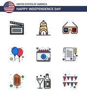 pacote de linha cheia plana de 9 símbolos do dia da independência dos eua de data festa de óculos americana comemorar elementos de design de vetores editáveis do dia dos eua