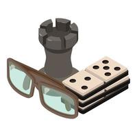 vetor isométrico de ícone de tempo de lazer. figura de jogo de torre de xadrez óculos de dominó