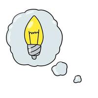 lâmpada elétrica. nuvem de bolha com pensamentos e ideia. mente e lâmpada elétrica. ilustração de rabiscos desenhados à mão vetor