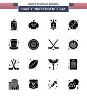 pacote de 16 sinais de glifos sólidos de celebração do dia da independência dos eua e símbolos de 4 de julho, como chapéu, bola do dia do anel americano, editável, elementos de design vetorial do dia dos eua vetor