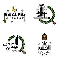 pacote com 4 fontes decorativas design de arte eid mubarak com caligrafia moderna lua colorida estrelas ornamentos de lanterna ranzinza vetor